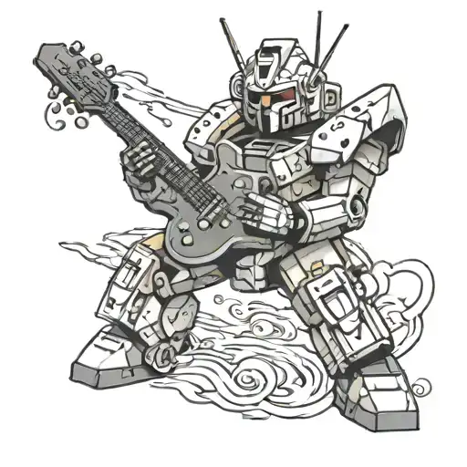 A Gundam Robot Playing A Guitar In A Stormy Weather Setting
