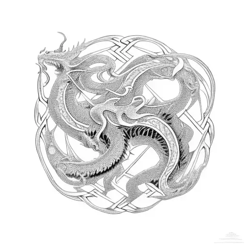 Intricate Celtic Knotwork Intertwined With A Fierce Dragon In A Dotwork Style