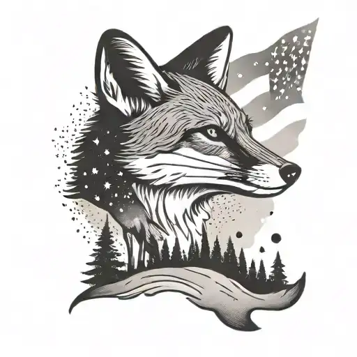 An American Flag With A Fox Silhouette And Nature Scenery In The Background
