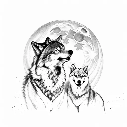 A Family Of Wolves Howling At The Moon