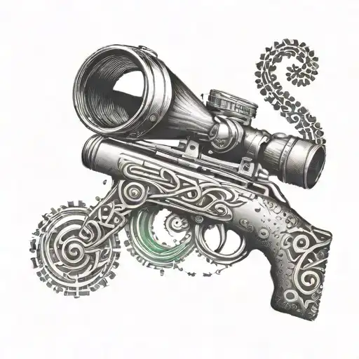 A Dotwork Tattoo Of A Sniper Scope With A Treble Clef Symbol Incorporated Into The Design