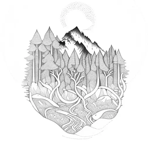 A Mystical Forest Reflecting In A Serene Lake Surrounded By Mountains