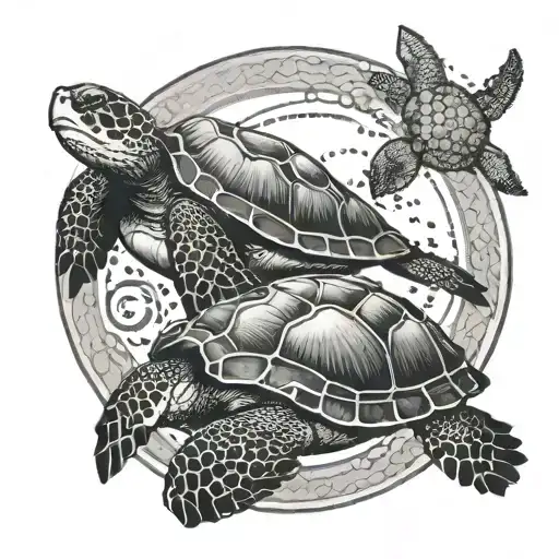 Big Sea Turtle And Small Sea Turtle Swimming With A Circle Drawn Around