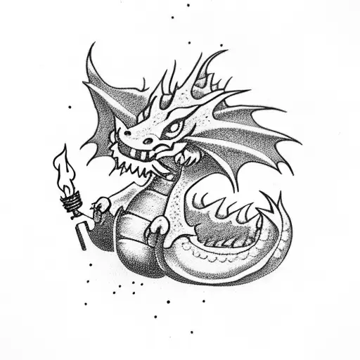 Tiny Cute Cartoon Dragon Breathing A Huge Flame