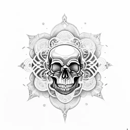 Engraved Skull Adorned With Mystical Symbols And Surrounded By Delicate Dotwork Mandalas