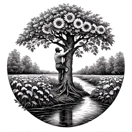A Detailed Arborist Climbing A Tree Surrounded By Sunflowers And A Flowing Creek