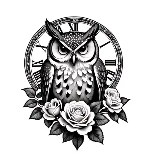An Owl Perched On A Rose Bush With A Clock In The Background