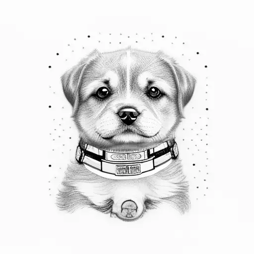 A Detailed Portrait Of A Dog Wearing A Collar With The New York City Skyline As The Tag
