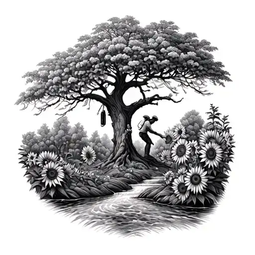 A Detailed Arborist Climbing A Tree Surrounded By Sunflowers And A Flowing Creek