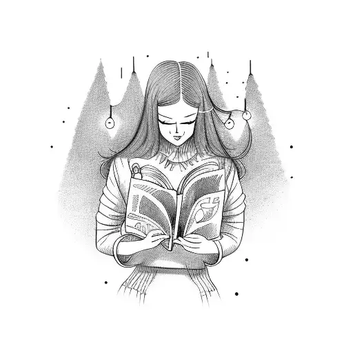 Girl Reading Book With Lights Around Her Cartoon