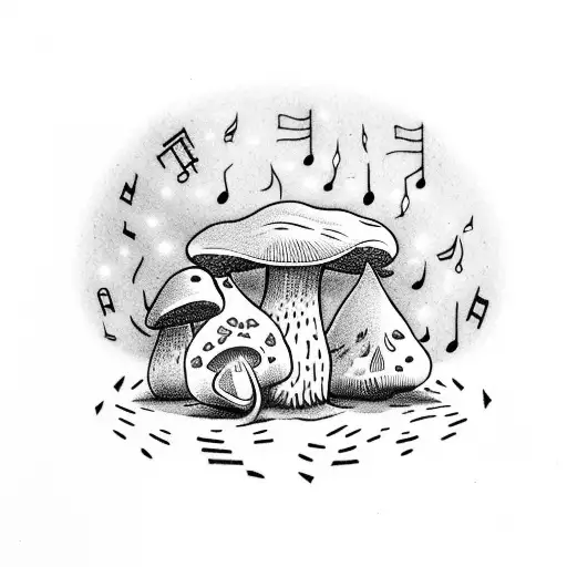 Mushrooms Growing On An Ekg Line Under Fairy Lights With Music Notes In The Air