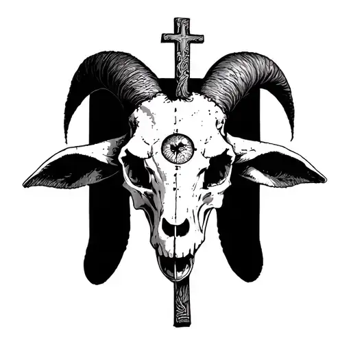 A Goat's Skull With A Crucifix Pierced Through Its Eye Socket