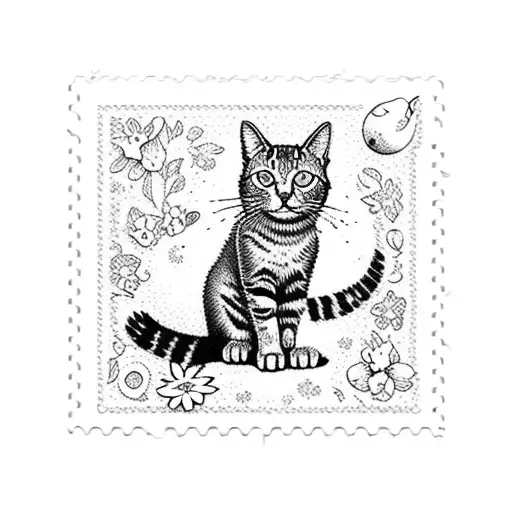 Postage Stamp With Playing Cat And Flowers
