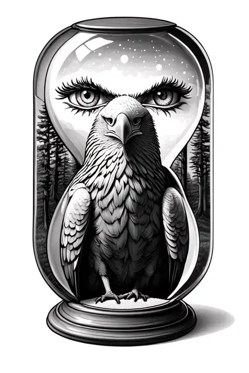 Eagle Eyes Behind Trees With Hour Glass With Sand