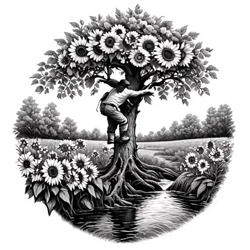 A Detailed Arborist Climbing A Tree Surrounded By Sunflowers And A Flowing Creek