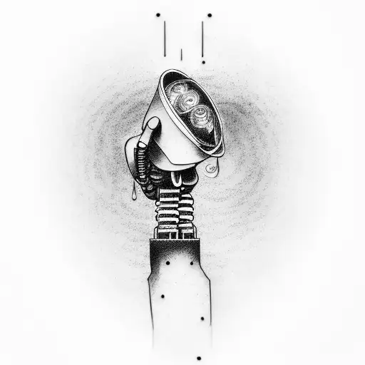 A Tattoo Of A Robotic Arm Holding A Coffee Mug With The Lyrics From 'Rain' By Sleep Token