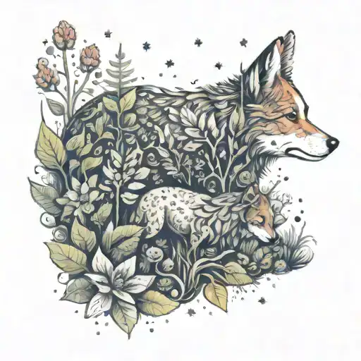 A Whimsical Design Of A Child And A Dog Exploring A Forest Filled With Colorful Flowers And Plants