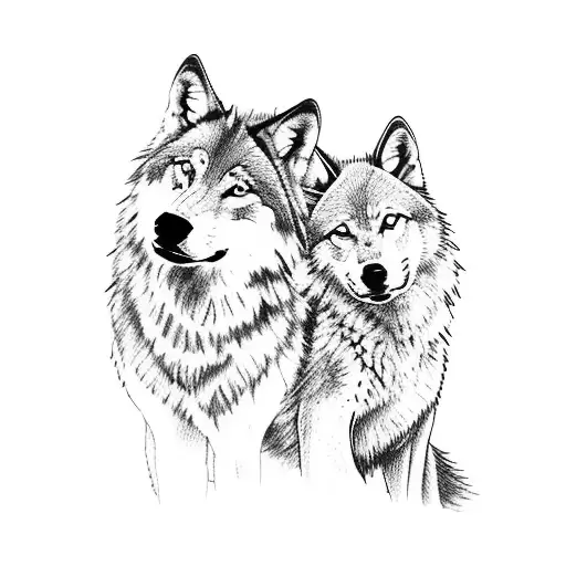 Wolf Mom And Pup With Stargazer Lillies