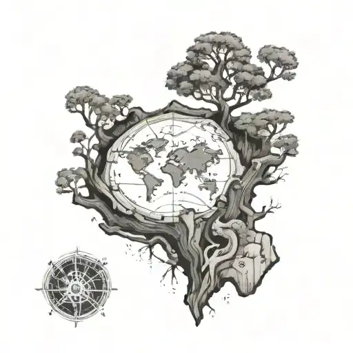 A Top Down View Of A Tree Stump With A Map Intertwined Tattoo