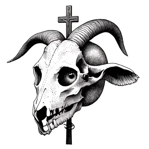 A Goat's Skull With A Crucifix Pierced Through Its Eye Socket