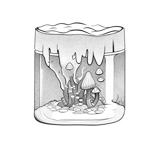 Crystal Jar With A Tooth Inside And Mushrooms Growing Outside Of The Jar