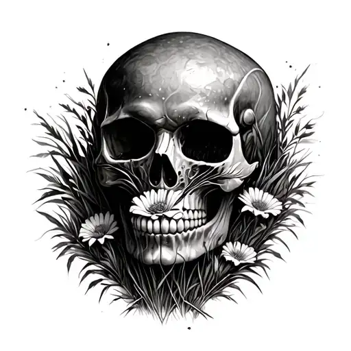 Skull In Grass With Flowers