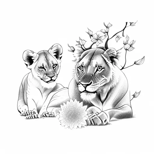A Lioness And Her Cub Resting Under A Blossoming Tree