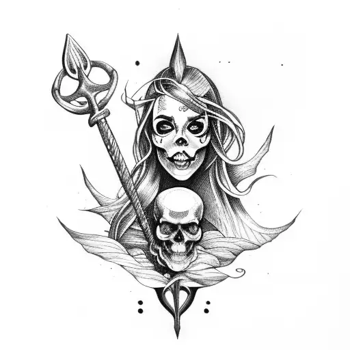 Half Skull Body Mermaid Holding A Trident