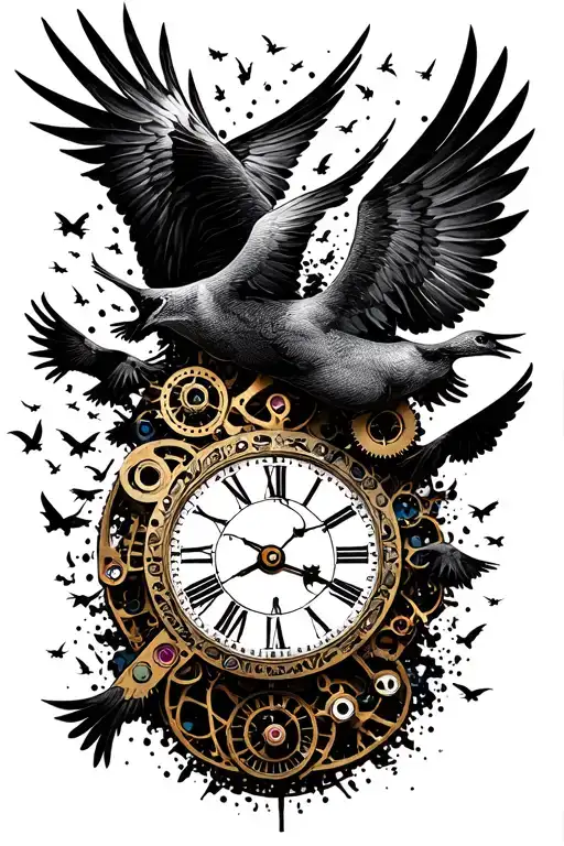 A Clock Mechanism Morphing Into A Swarm Of Birds Flying Away