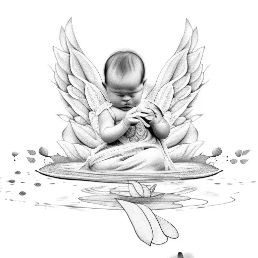Baby Angel Sitting In Water Lilly Praying