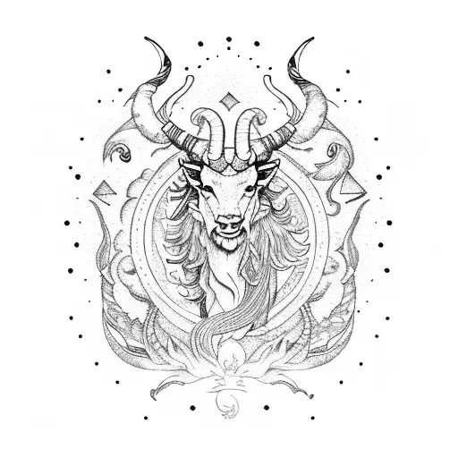 Capricorn Zodiac Sign Surrounded By Asian Genetics Symbols In Dotwork Style