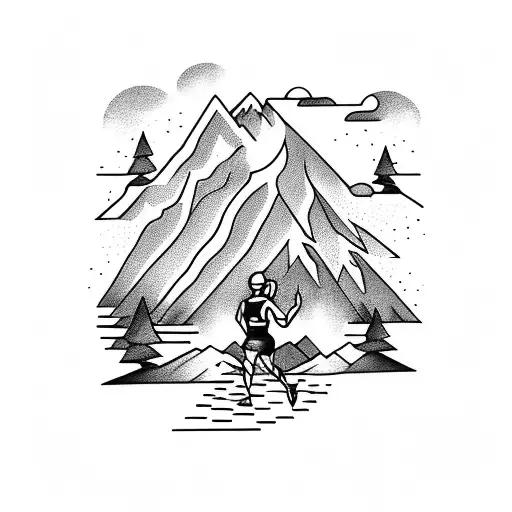A Tattoo Of A Runner Crossing The Finish Line With A Mountain Range As The Backdrop