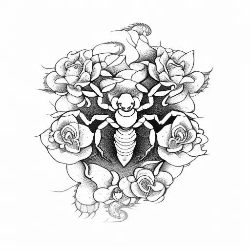 A Scorpion Made Up Of Cherry Blossom Petals Crawling Through A Garden Of Roses With Windy Swirls