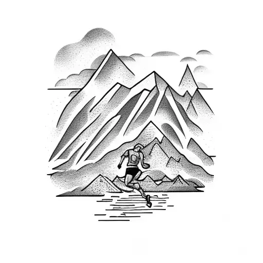 A Tattoo Of A Runner Crossing The Finish Line With A Mountain Range As The Backdrop