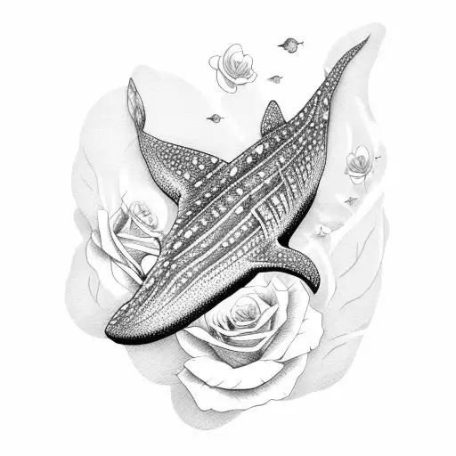Small Female Tattoo Of Whale Shark With Roses Hawaiian Style