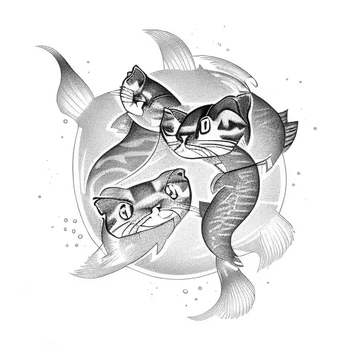 A Group Of Fishing Cats Chasing After A School Of Fish