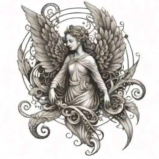 An Angelic Figure With Intricate Line Work And Swirling Details