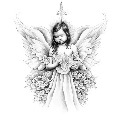 Create A Realistic Tattoo Of An Angel With Floral Elements