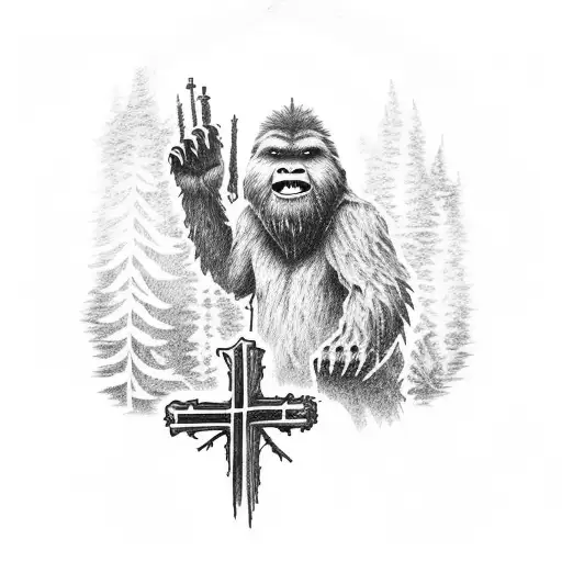 Sasquatch Smoking A Joint At A Grave With Memorial Cross In Mountain With Chainsaw And Wood Nearby