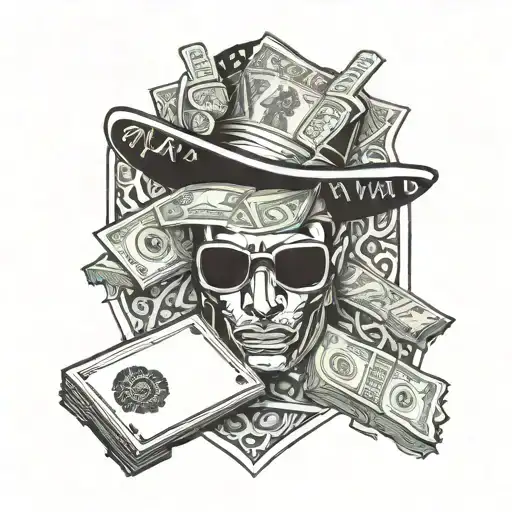 A Stack Of Cash With Latin Gangster Symbols And Motifs Incorporated Into The Design
