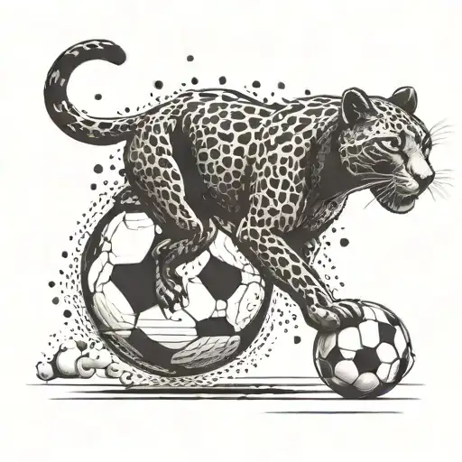 Design A Dynamic Panther Leaping Over A Soccer Ball With A Motivational Phrase In Dotwork Style