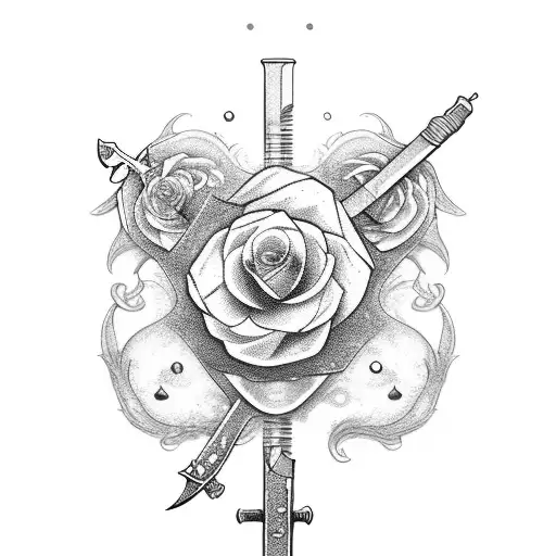 Gun And Sword With Flower