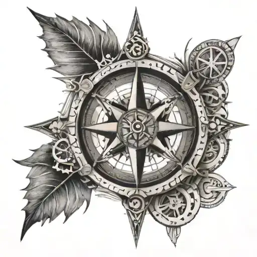An Intricate Dotwork Tattoo Of A Compass Surrounded By Various Outdoor Symbols