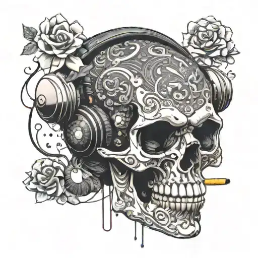 Design A Skull With Headphones And A Cigarette In Its Mouth
