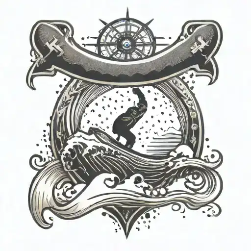 A Stylized Wave Design Incorporating A Snowboarder And A Naval Anchor