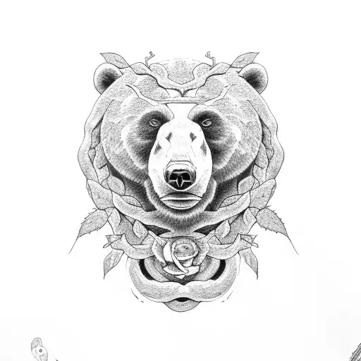 Realistic Bear Head And Snake With Rose Vines