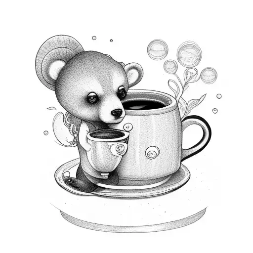Small Girl Bear Sitting Drinking Coffee From A Mug