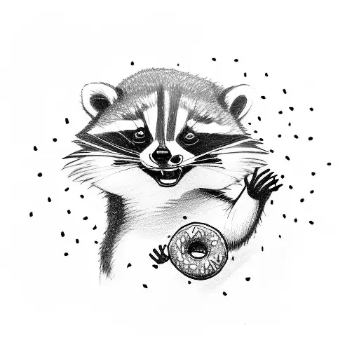 Small Line Draw Raccoon Holding A Donut