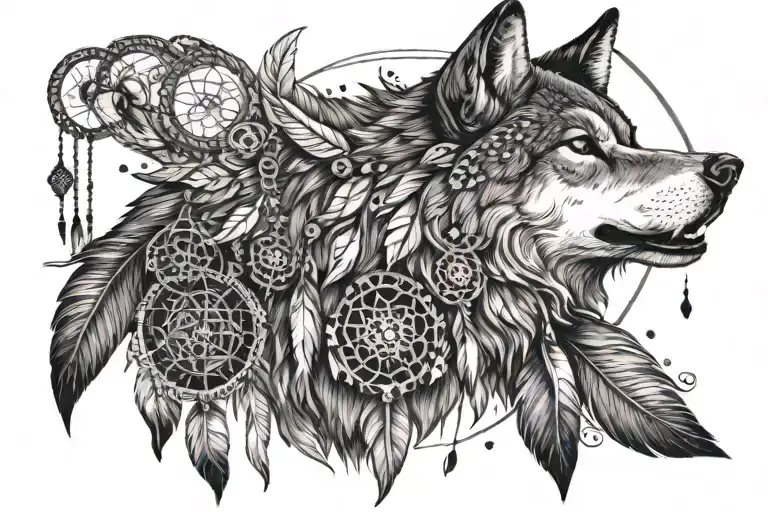 A Wolf Howling At The Moon Surrounded By Native American Dream Catchers And Birds