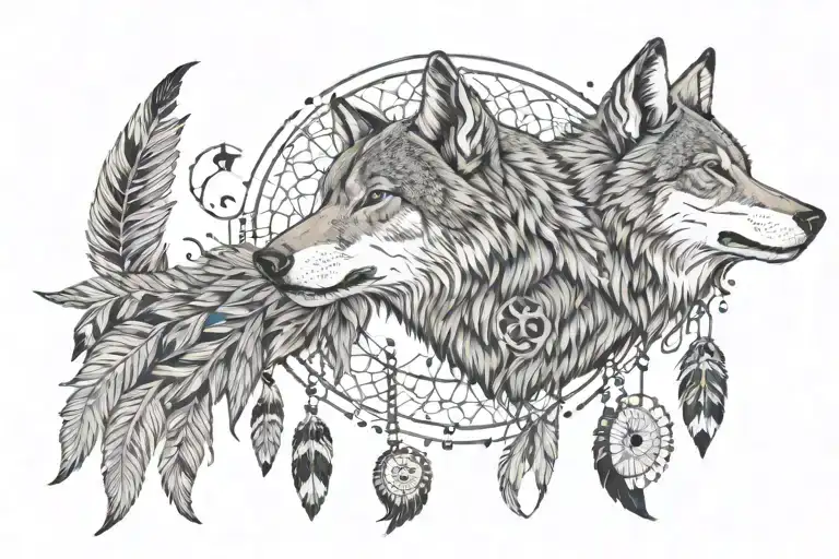 A Wolf Howling At The Moon Surrounded By Native American Dream Catchers And Birds